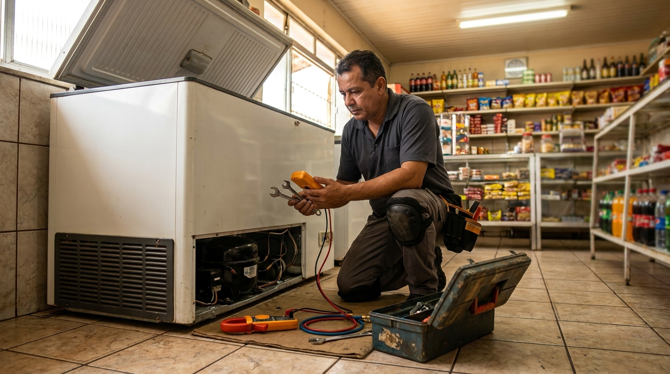 Técnico reparando o motor de um freezer horizontal em Campos dos Goytacazes‑RJ