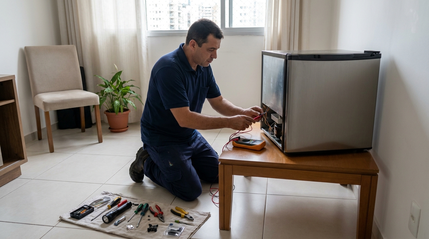 Técnico avaliando um frigobar compacto durante atendimento em Campos dos Goytacazes‑RJ